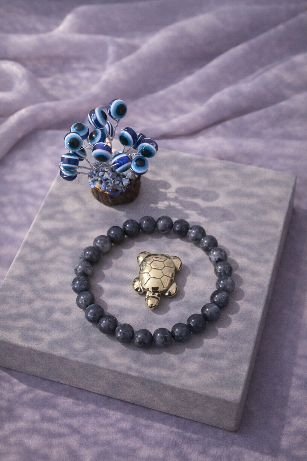 Larvikite Protection Combo Unisex Bracelet with Evil Eye Plant & Pyrite Tortoise