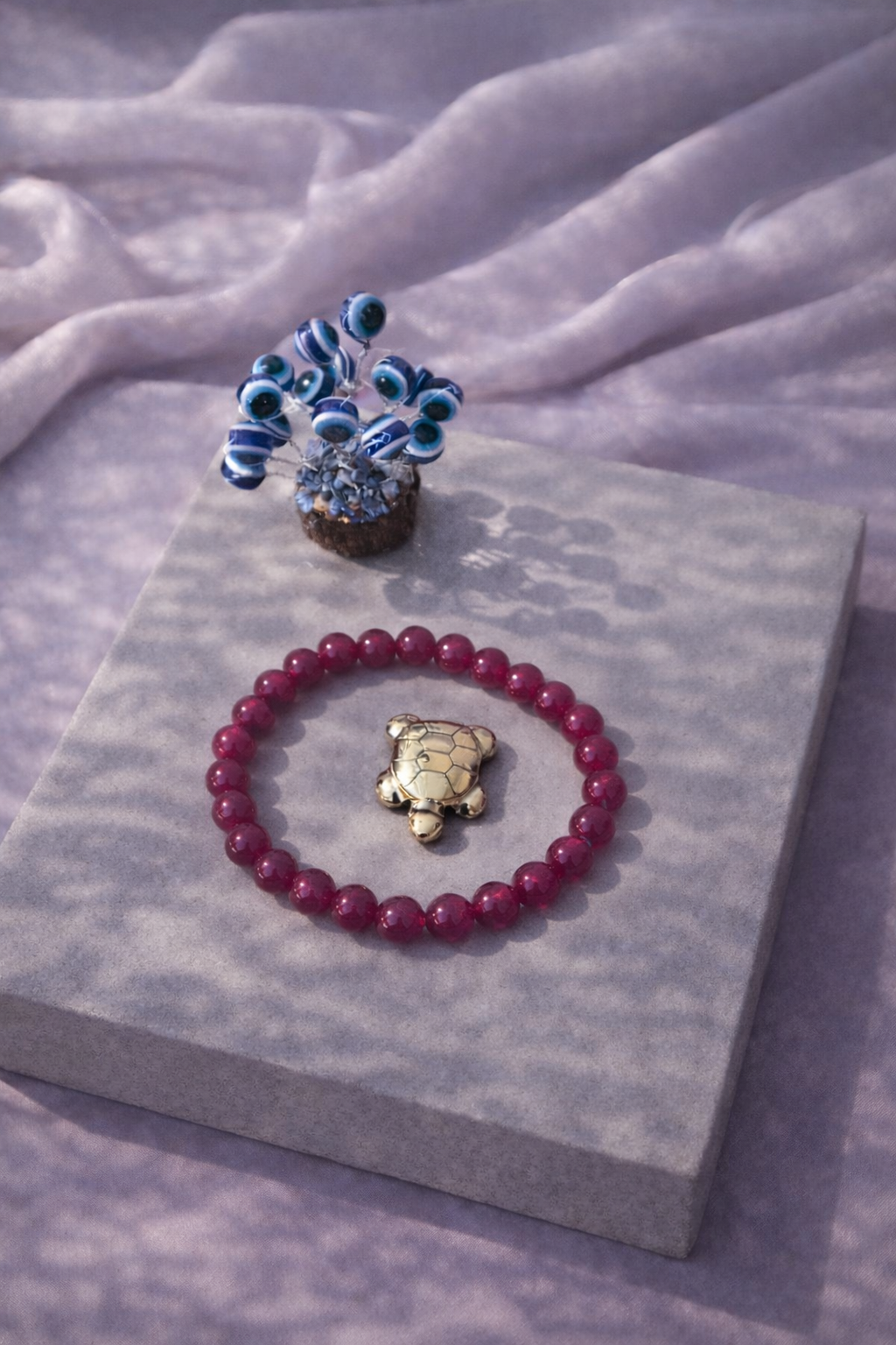 Pink Onyx Combo Unisex Bracelet with Evil Eye Plant & Pyrite Tortoise (Includes Certificate of Bracelet Authenticity)