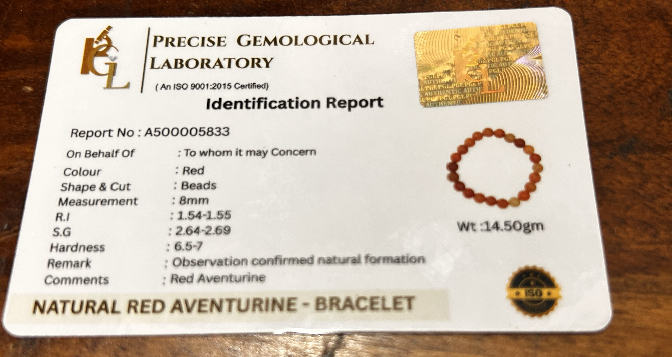 Red Aventurine Drive Bracelet | Certificate of Authenticity of Bracelet also included |