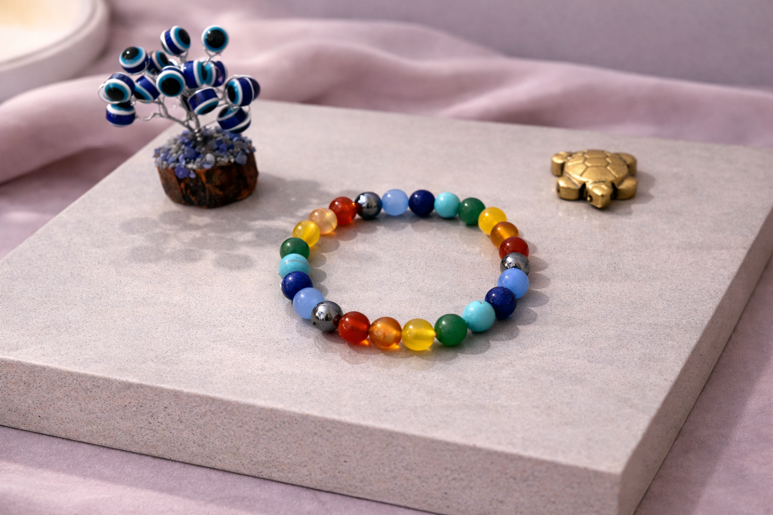 7 Chakra Balance Bracelet with Evil Eye Plant & Pyrite Tortoise | Certificate of Authenticity of Bracelet also included |