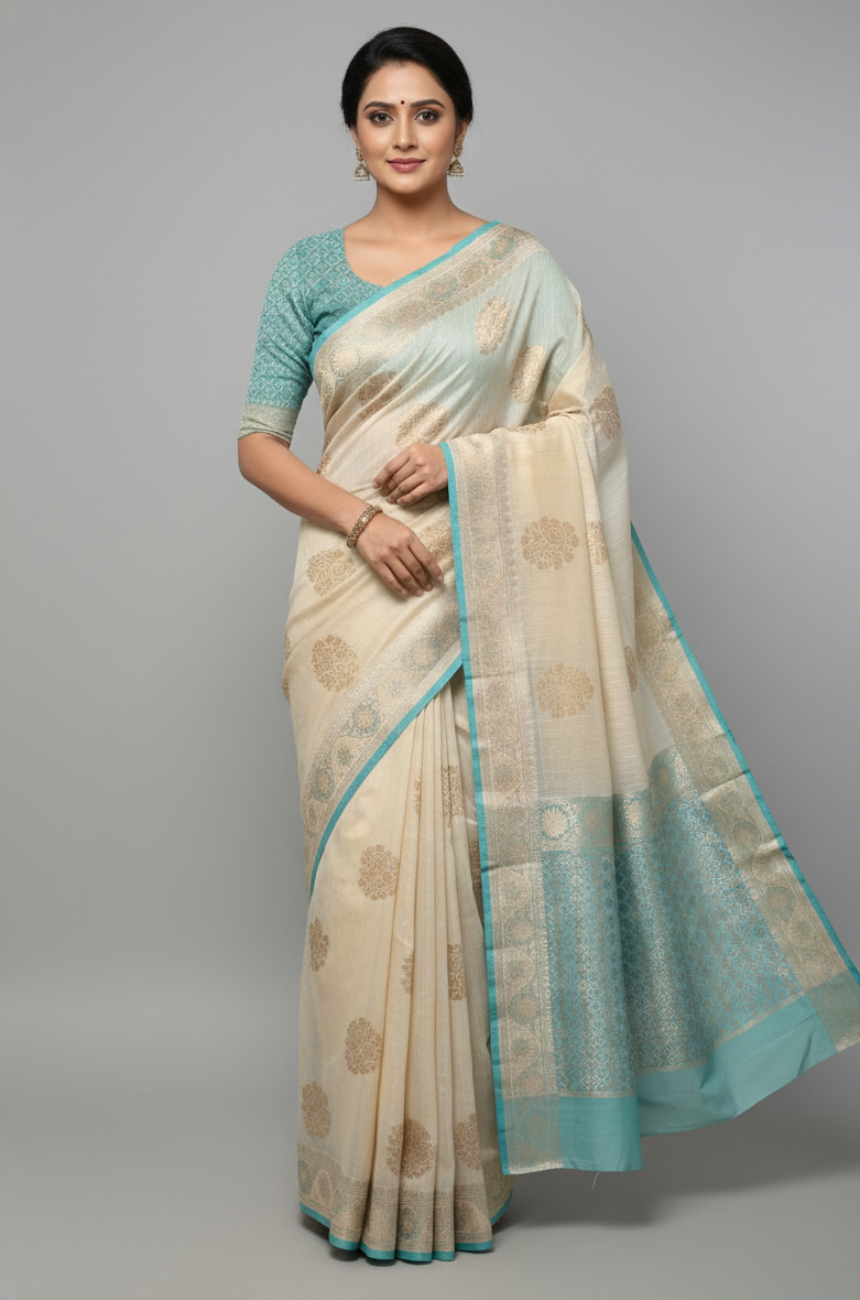 Elegant Cream and Blue Silk Saree