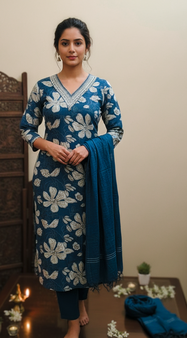 Blue Floral Printed Kurta Set
