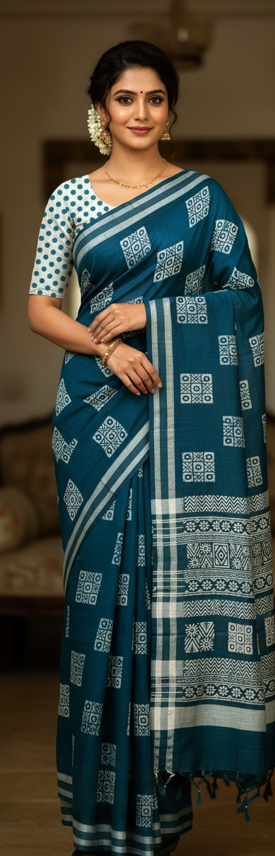 Elegant Blue Printed Cotton Saree