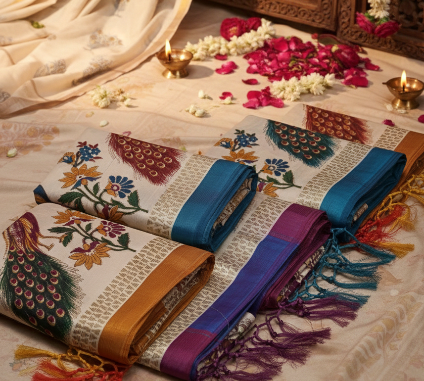 Peacock Print Cotton Saree