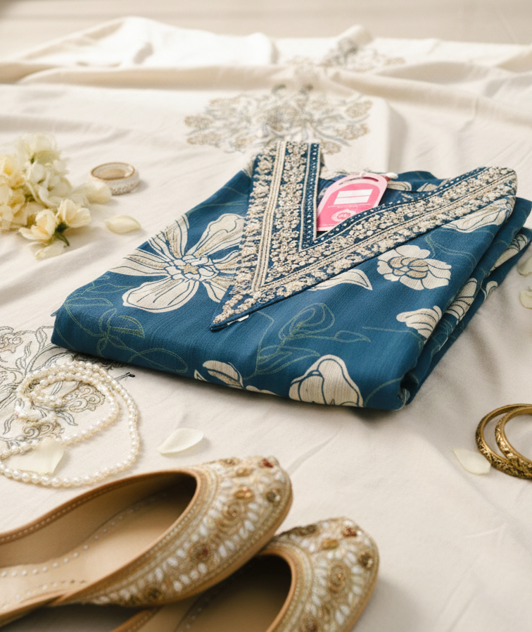 Blue Floral Printed Kurta Set