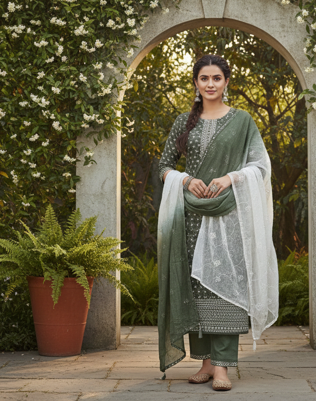 Green Printed Cotton Kurta with pants