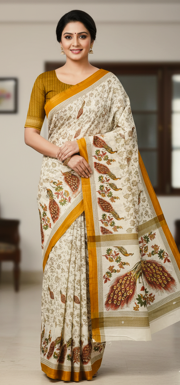 Peacock Print Cotton Saree