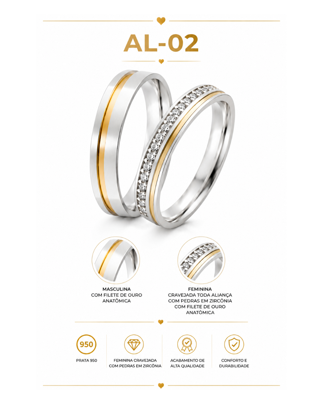 Par de Alianças Prata 950 com Filete de Ouro e Zircônias – AL-002