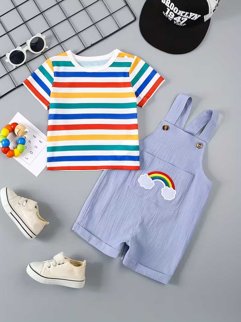 Conjunto Bubupandy "Rainbow Boy": Camiseta Arcoíris + Shorts con Tirantes