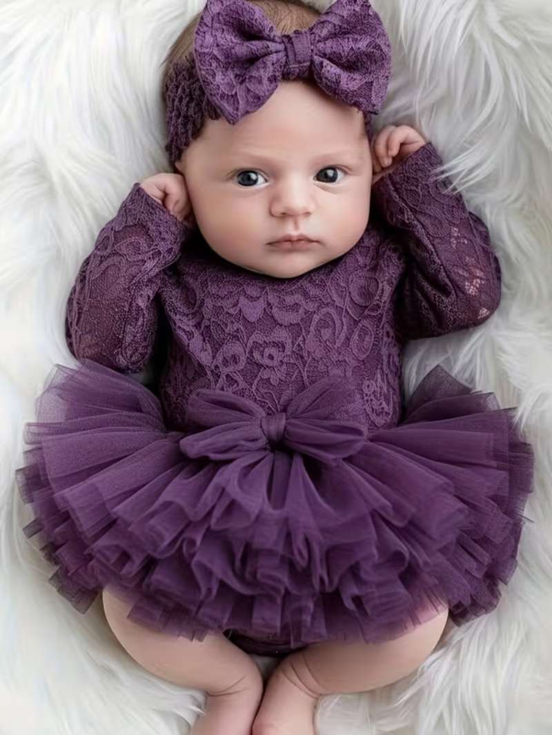 Conjunto de Fotografía Bubupandy: Tutú Morado de Encaje y Diadema para Recién Nacida