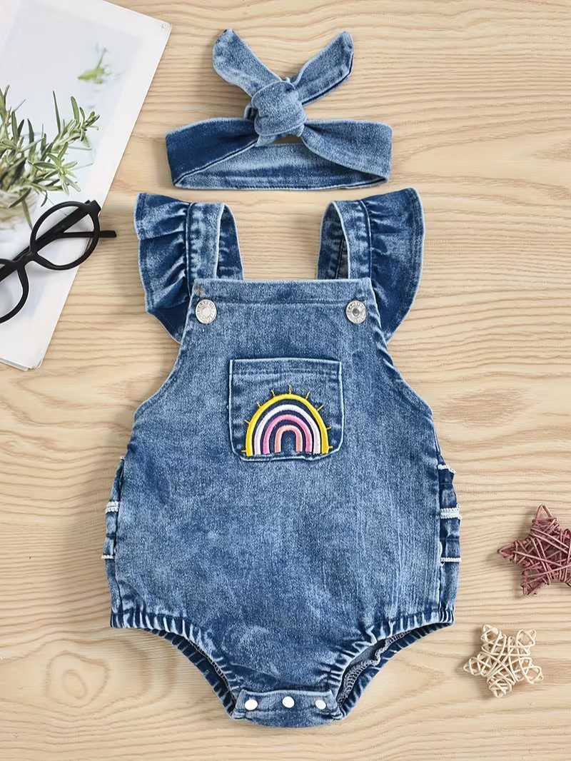Conjunto Bubupandy Denim Rainbow: Mameluco de Mezclilla + Babero + Pañuelo