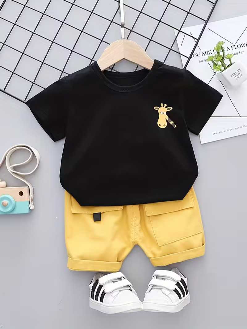 Conjunto Bubupandy "Safari Kids": Camiseta de Jirafa + Shorts con Bolsillos