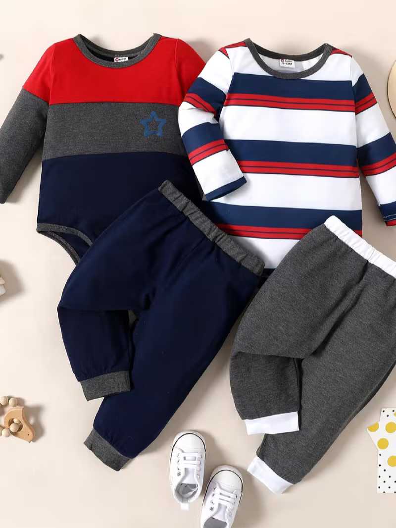 Conjunto Bubupandy "First Stripes": Mameluco a Rayas y Pantalones Sólidos (2 Piezas)