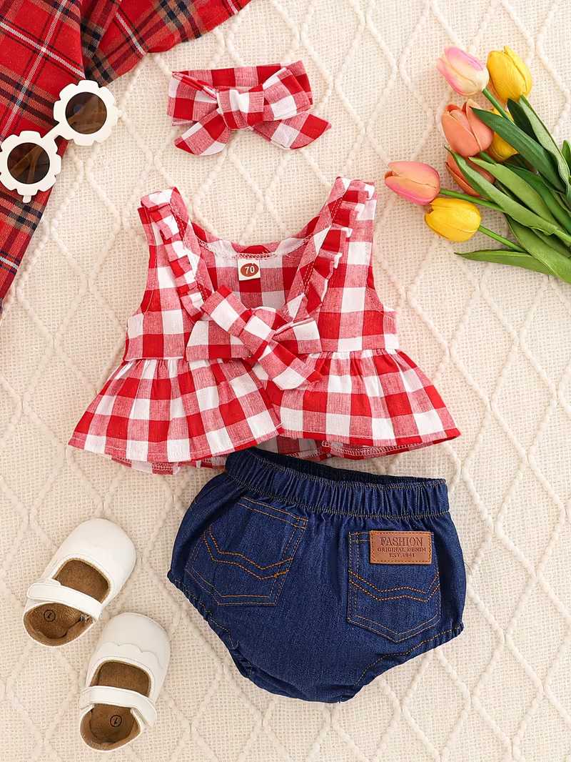 Conjunto Bubupandy "Country Chic": Blusa de Cuadros + Shorts Efecto Denim + Diadema