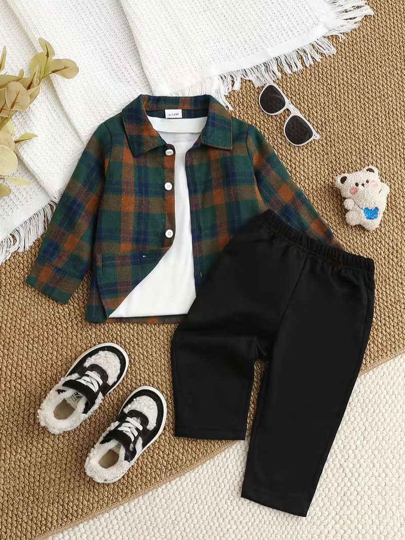 Conjunto Bubupandy "Classic Retro": Camisa a Cuadros + Camiseta Blanca + Pantalón Negro