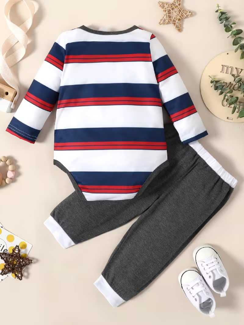 Conjunto Bubupandy "First Stripes": Mameluco a Rayas y Pantalones Sólidos (2 Piezas)