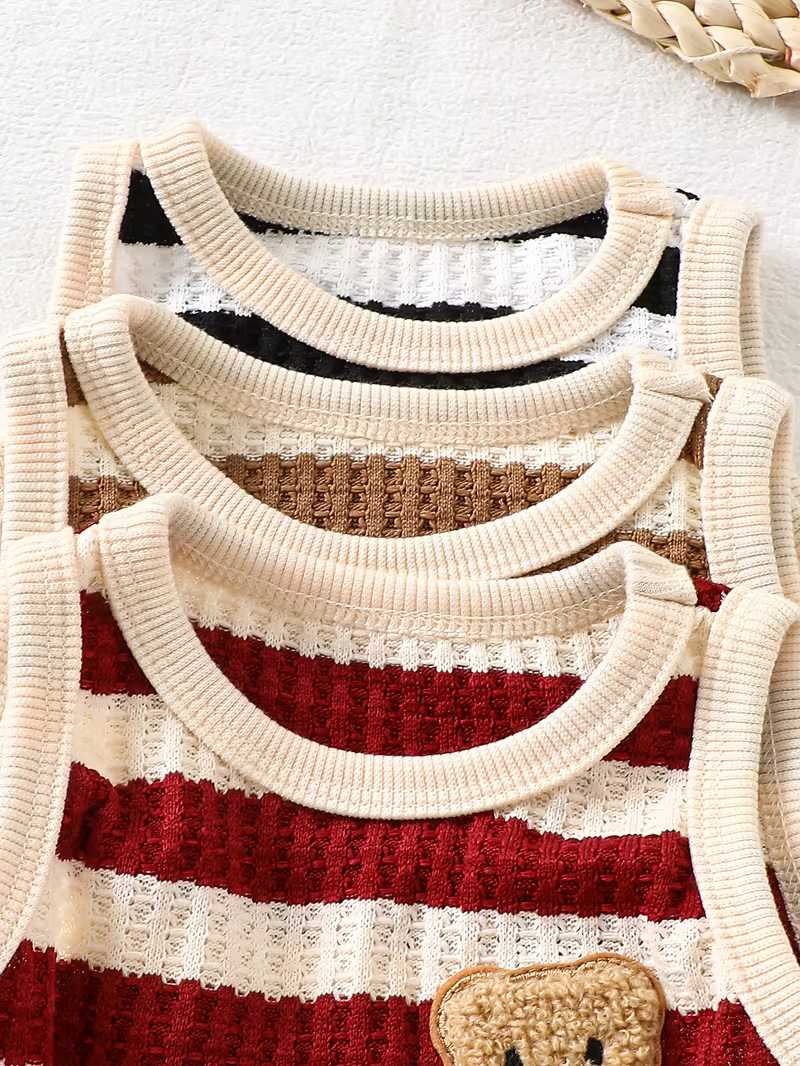 Conjunto Bubupandy "Osito Rayas": Pack de 3 Mamelucos de Punto sin Mangas (Unisex)