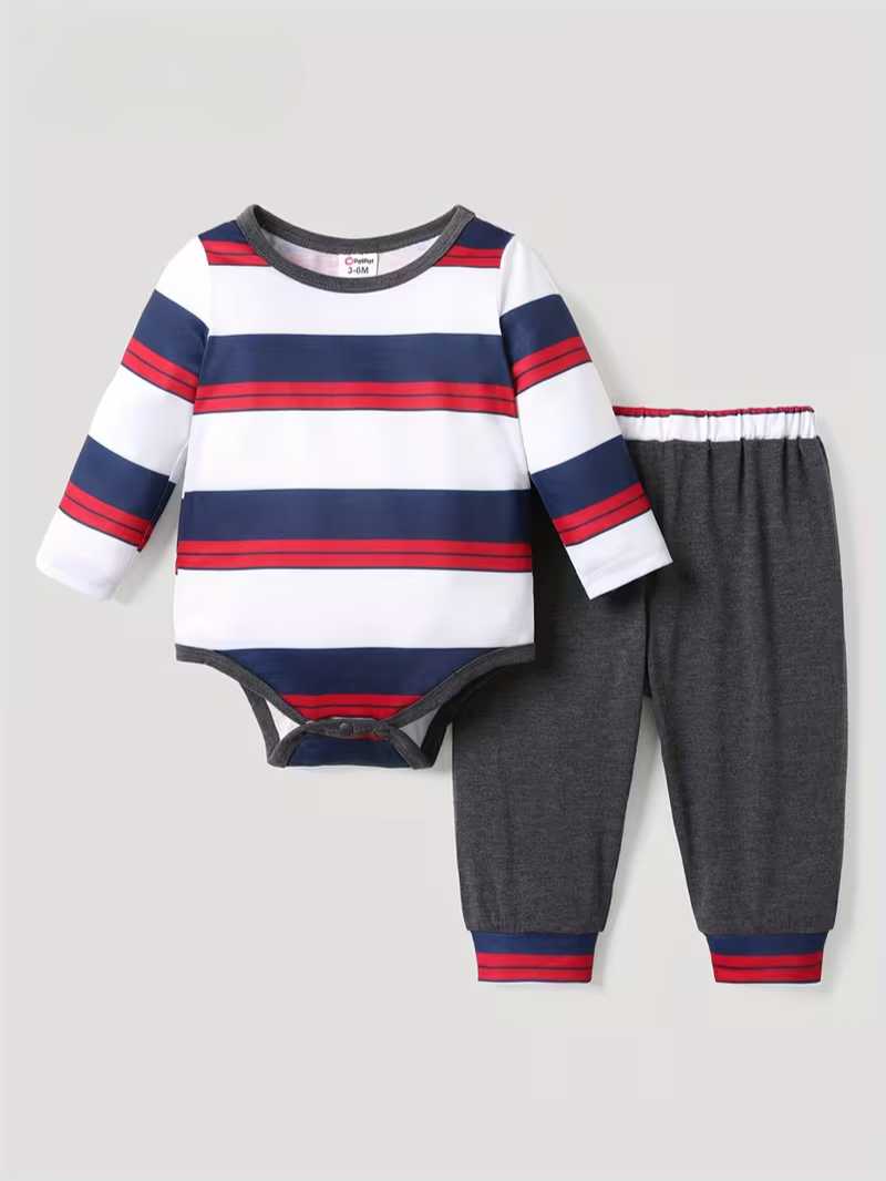 Conjunto Bubupandy "First Stripes": Mameluco a Rayas y Pantalones Sólidos (2 Piezas)