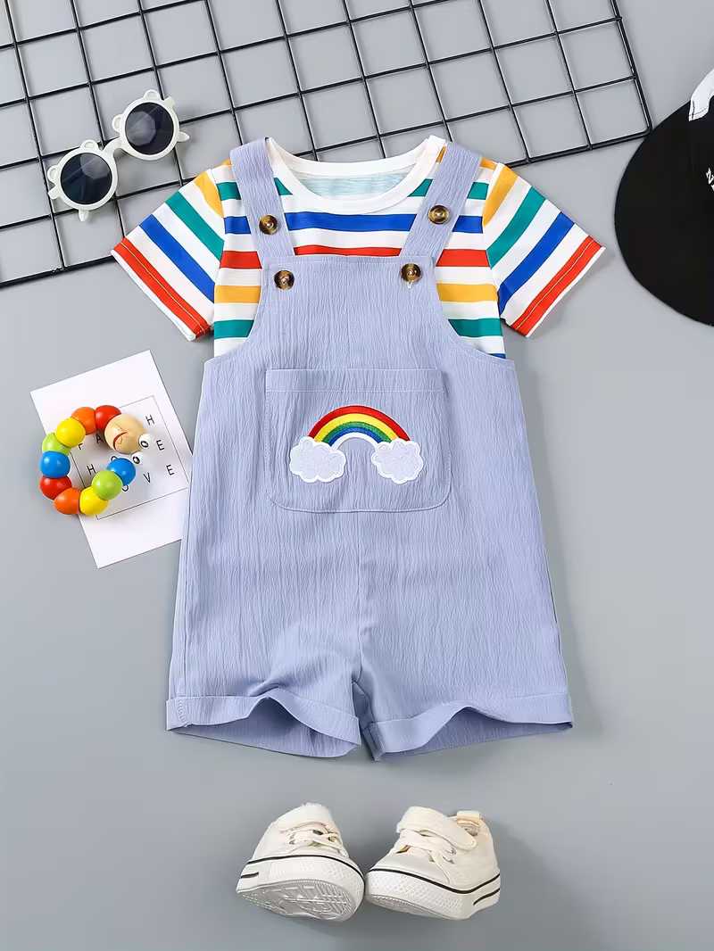Conjunto Bubupandy "Rainbow Boy": Camiseta Arcoíris + Shorts con Tirantes