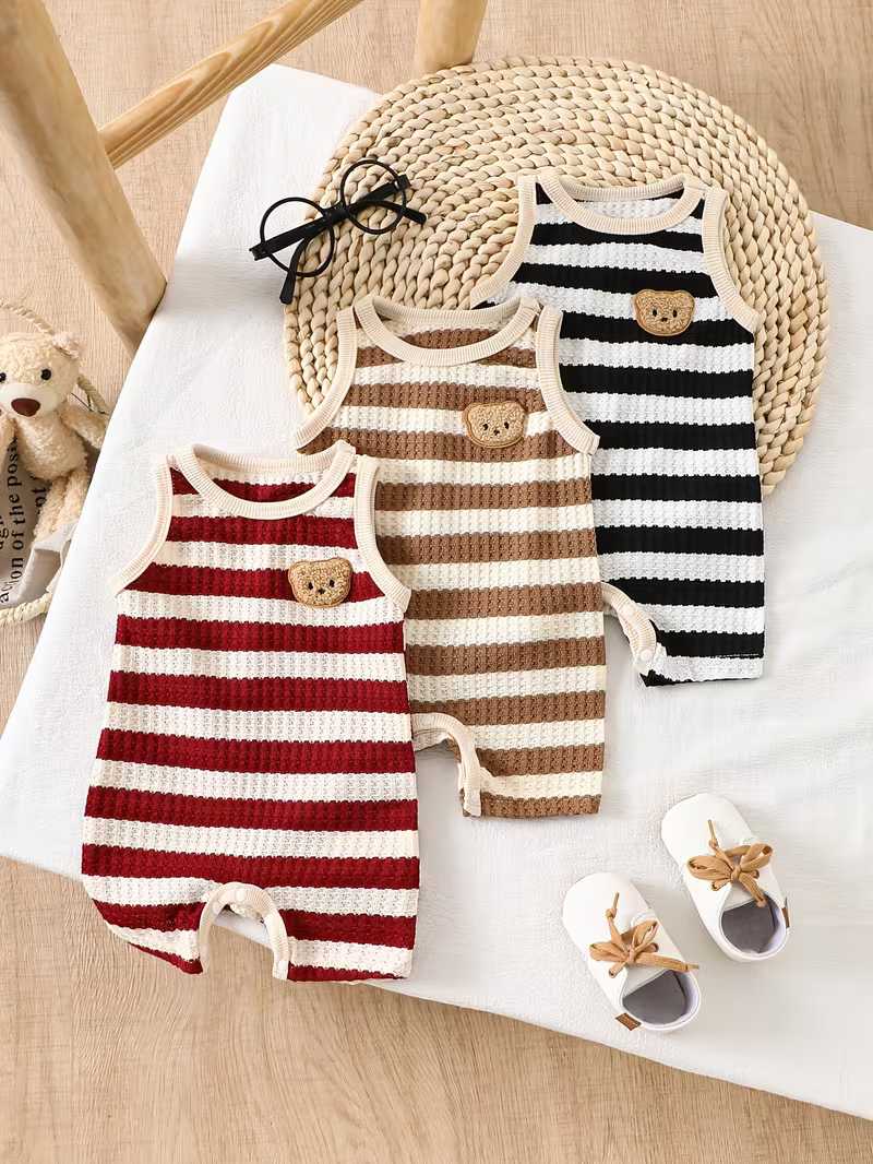 Conjunto Bubupandy "Osito Rayas": Pack de 3 Mamelucos de Punto sin Mangas (Unisex)