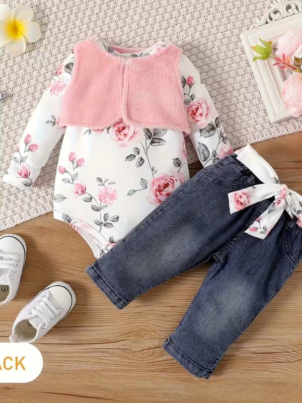 Conjunto "Primavera Rosa" 3 Piezas - Flores y Denim 🐼🌸