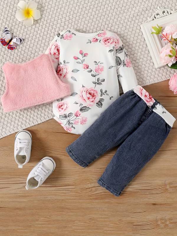 Conjunto "Primavera Rosa" 3 Piezas - Flores y Denim 🐼🌸