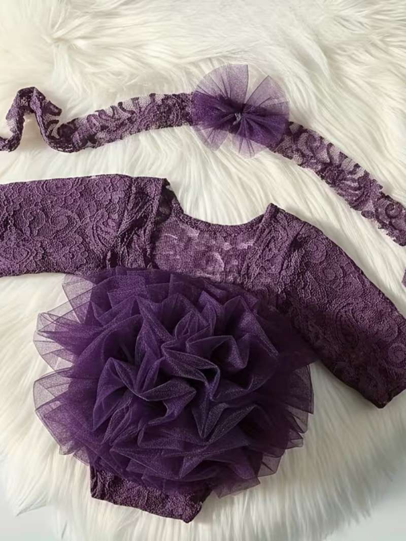 Conjunto de Fotografía Bubupandy: Tutú Morado de Encaje y Diadema para Recién Nacida