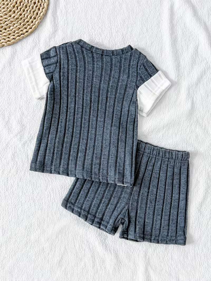 Conjunto Bubupandy "Urban Blue": Camiseta Acanalada con Bloques de Color + Shorts Azules