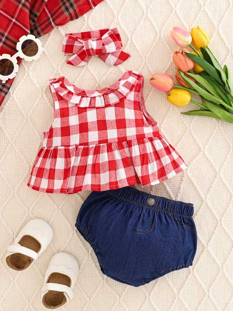 Conjunto Bubupandy "Country Chic": Blusa de Cuadros + Shorts Efecto Denim + Diadema