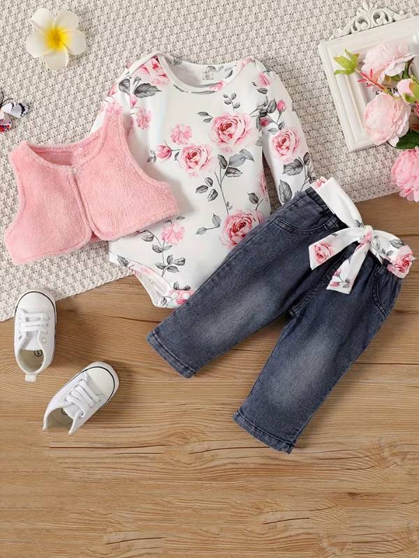 Conjunto "Primavera Rosa" 3 Piezas - Flores y Denim 🐼🌸