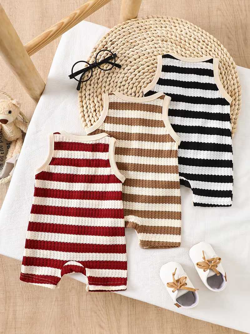 Conjunto Bubupandy "Osito Rayas": Pack de 3 Mamelucos de Punto sin Mangas (Unisex)