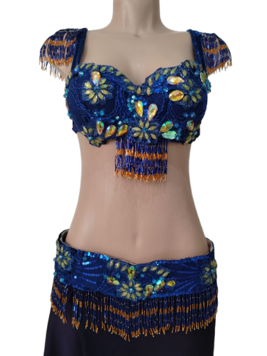 Traje de Dança do Ventre Azul Royal com Aplicações e Franjas 