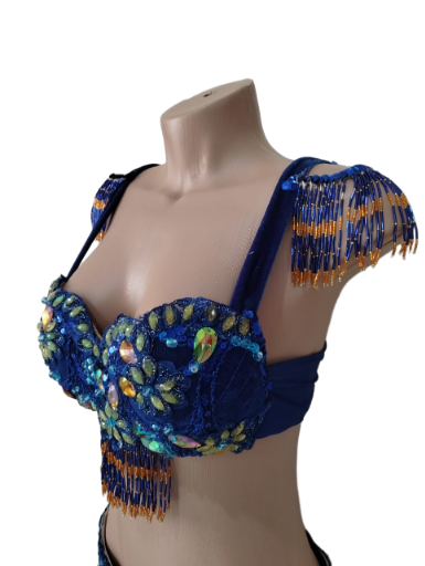 Traje de Dança do Ventre Azul Royal com Aplicações e Franjas 