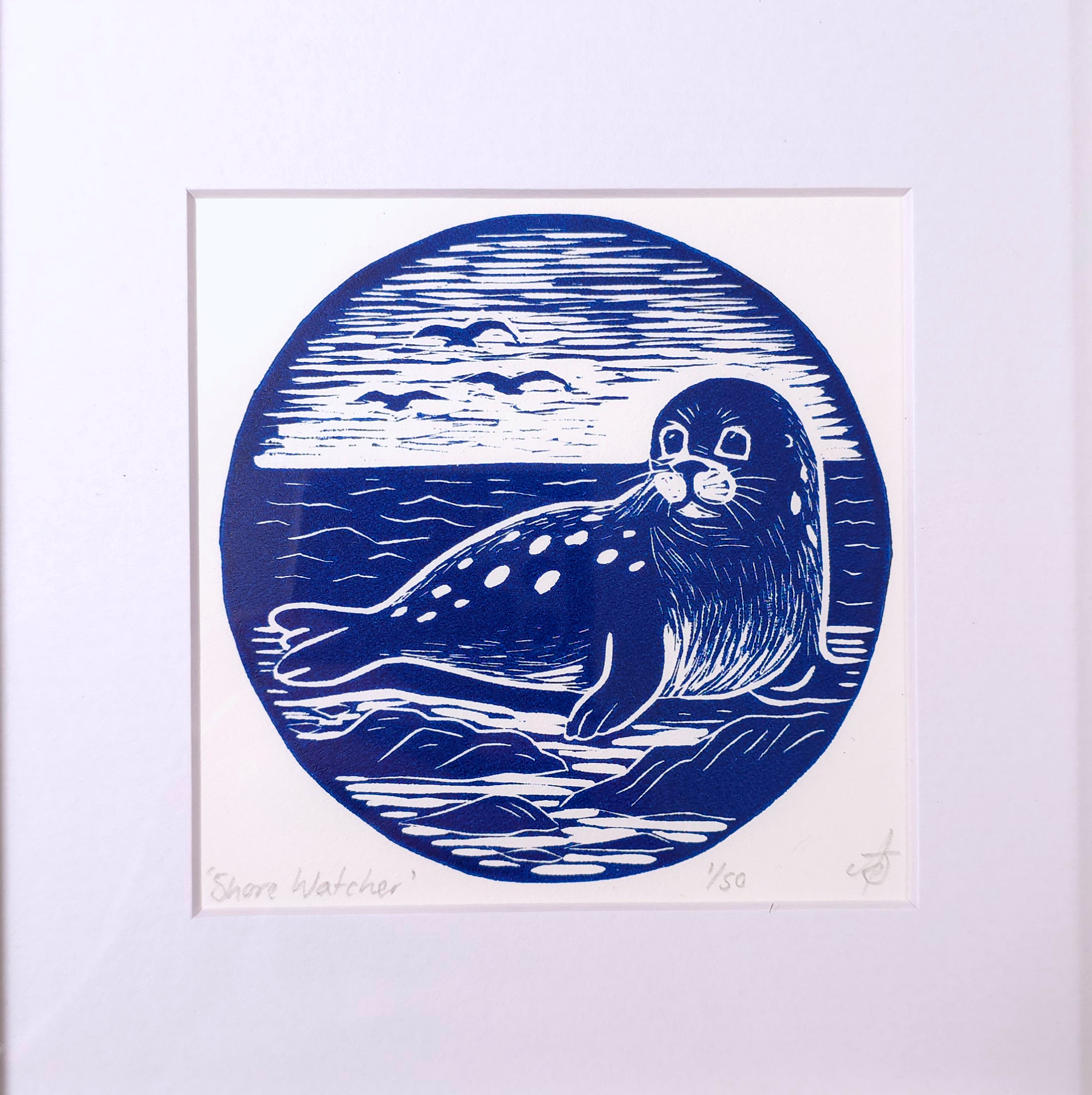 Shore Watcher Seal Ltd Ed Linocut Print