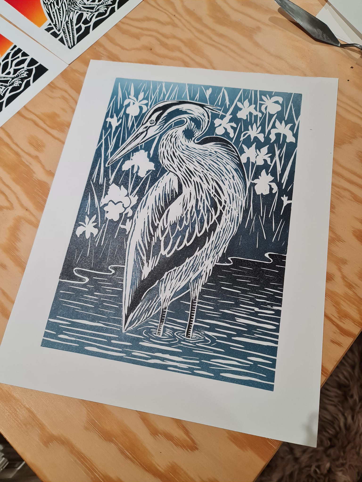 Heron in the Irises Ltd Ed Linocut Print