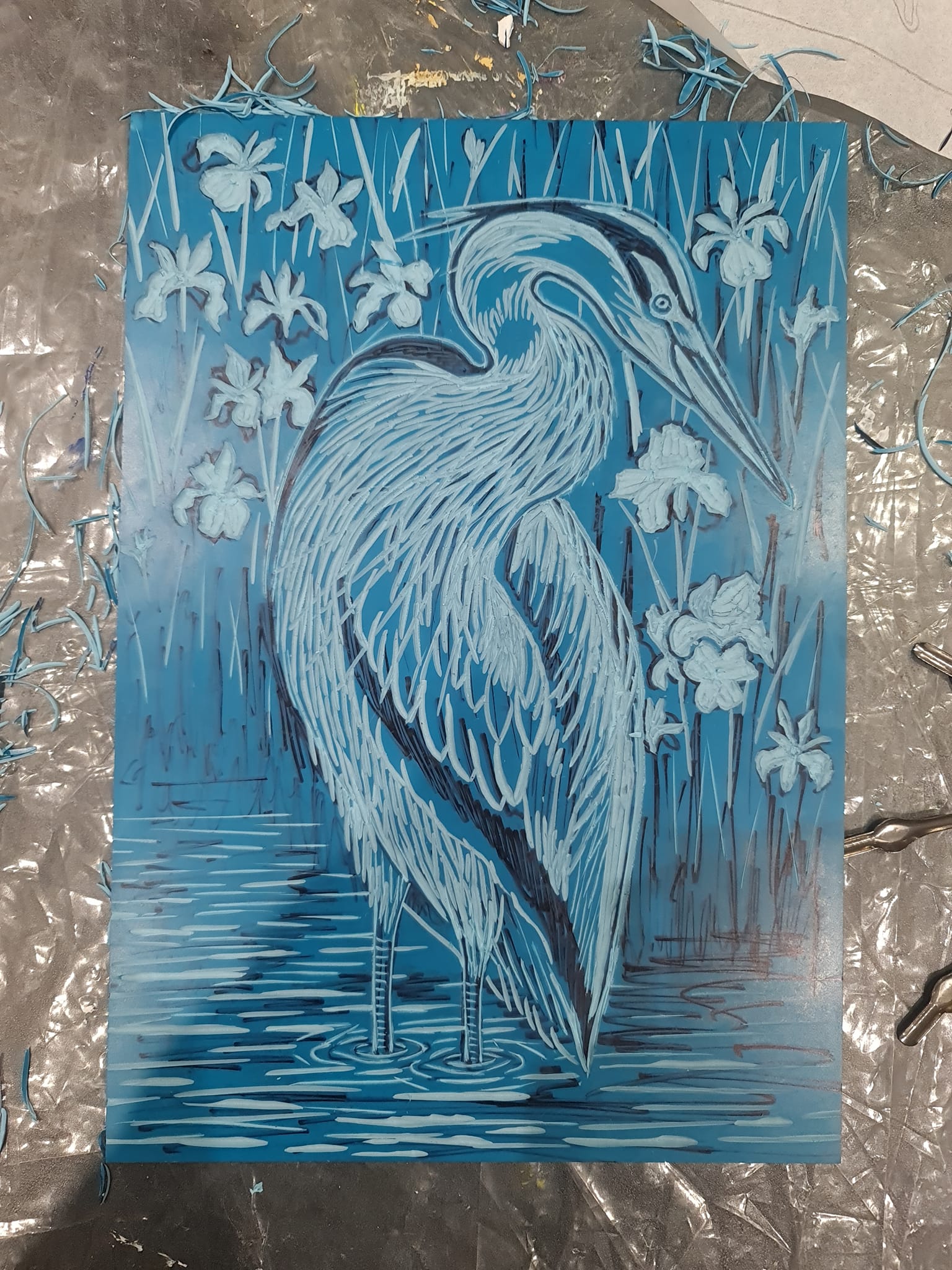 Heron in the Irises Ltd Ed Linocut Print