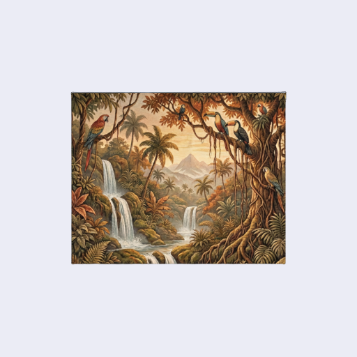  Emerald Paradise – Tropical Rainforest Wall Art with Waterfall & Exotic Birds