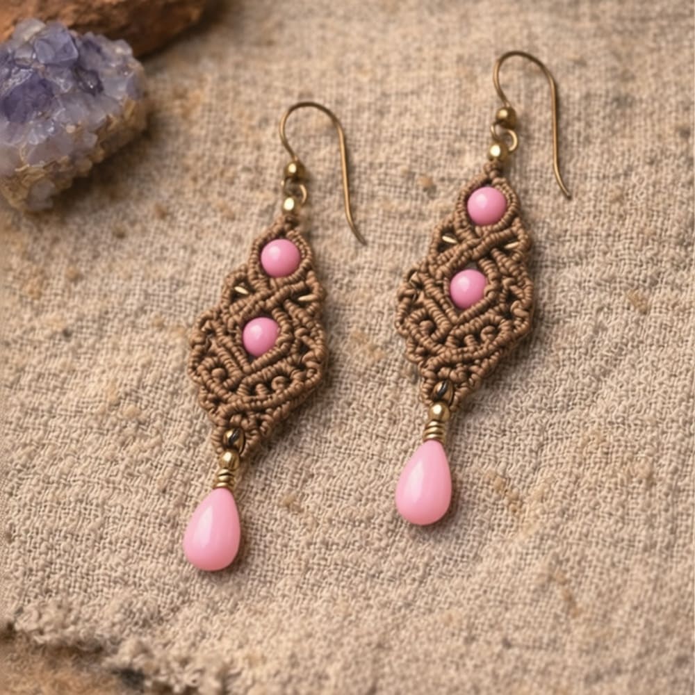 Arete artesanal de macramé y amatista