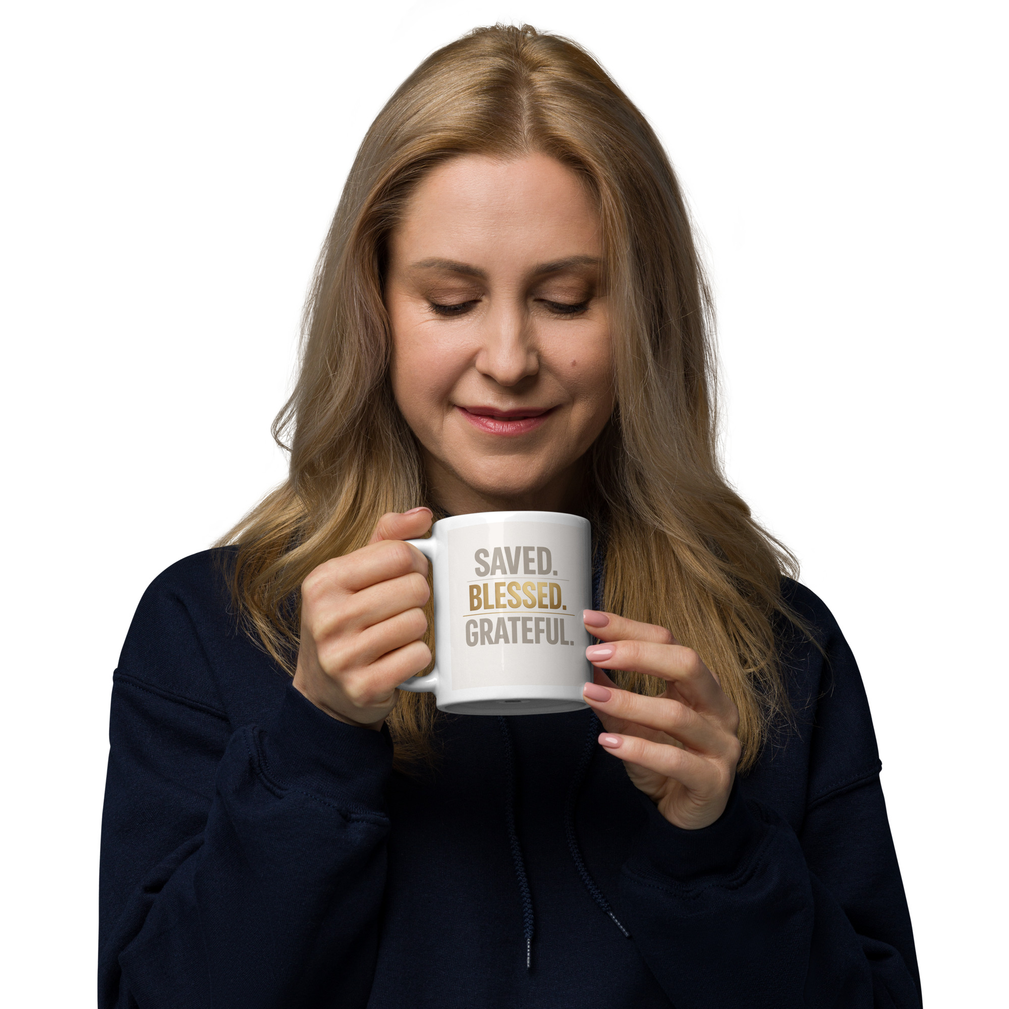 "Saved.Blessed. Grateful." White glossy mug