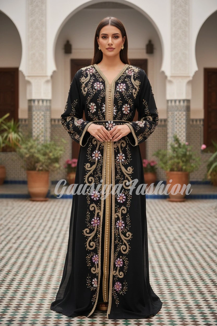 Black Handmade Embroidered Arabic Party Kaftan Dress