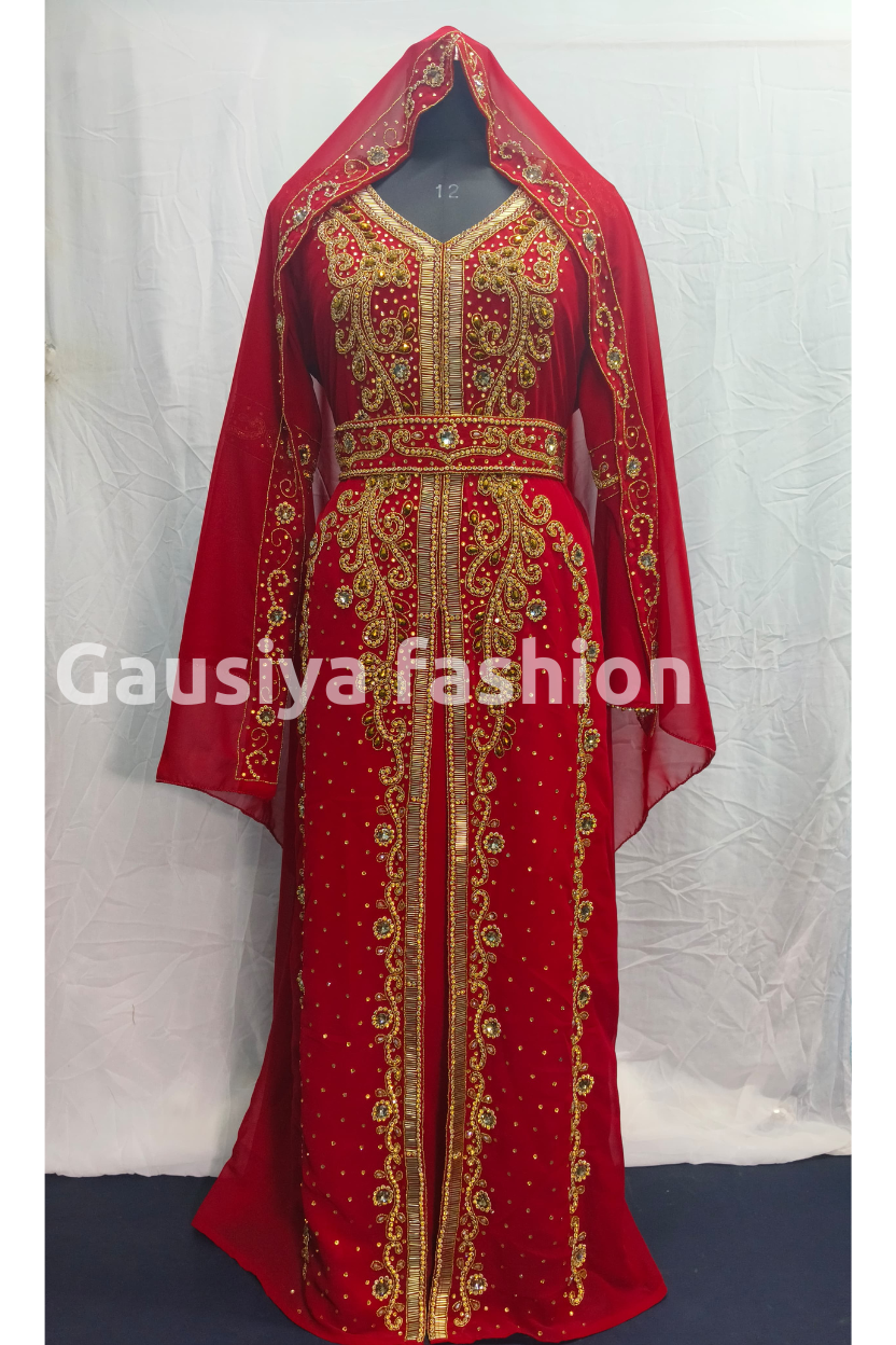 Red Arabic wedding glass beaded Handmade embroidery 