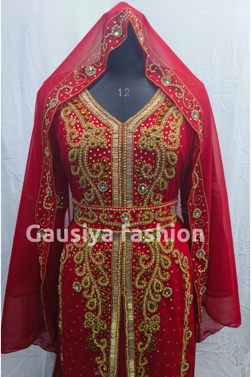 Red Arabic wedding glass beaded Handmade embroidery 