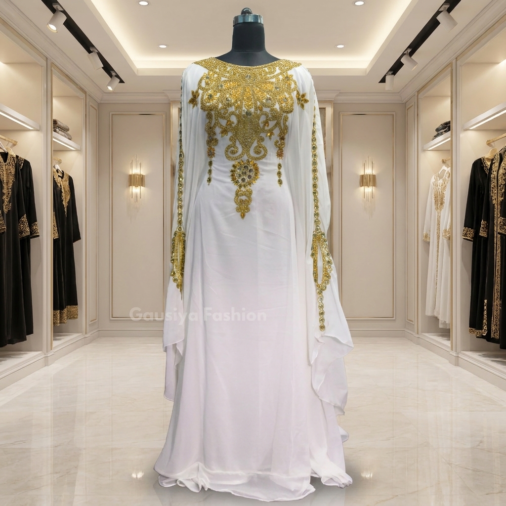 Royal white gold handmade Abaya Embroidery long kaftan 