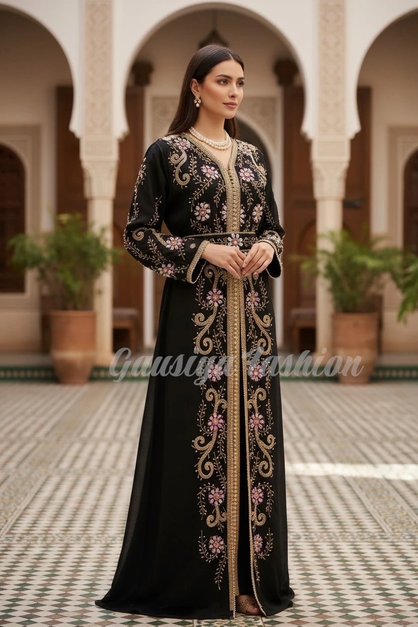 Black Handmade Embroidered Arabic Party Kaftan Dress