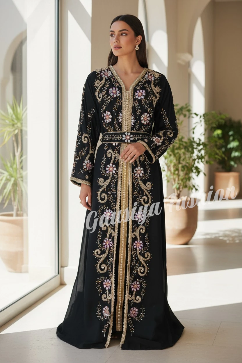 Black Handmade Embroidered Arabic Party Kaftan Dress