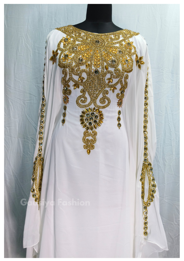 Royal handmade White Kaftan with Gold Embroidery Abaya 