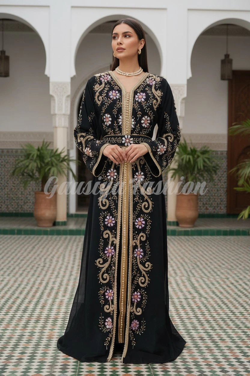 Black Handmade Embroidered Arabic Party Kaftan Dress