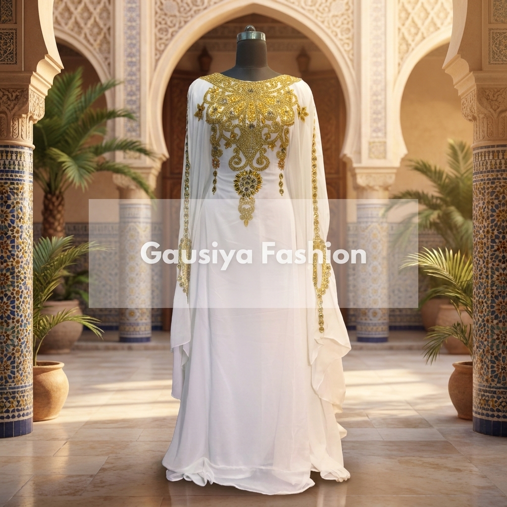 Royal white gold handmade Abaya Embroidery long kaftan 