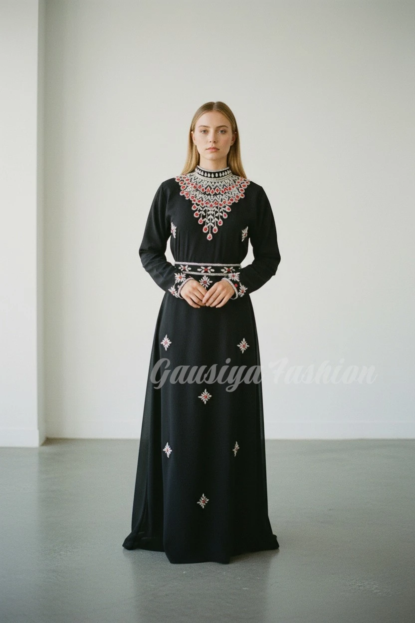 Black Silver beaded Necklace handmade Abaya Kaftan Dress