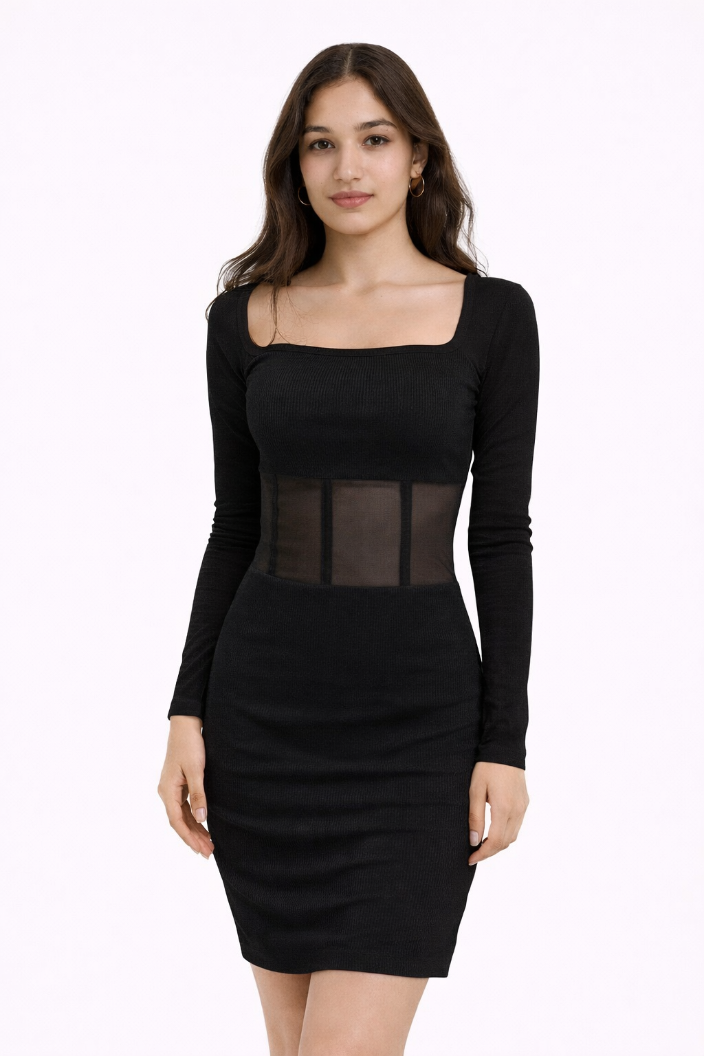 Black Mesh Panel Bodycon Dress